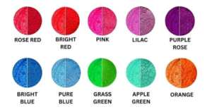 Ten circular color swatches shown in pairs of bright and muted tones labeled Rose Red, Bright Red, Pink, Lilac, Purple Rose, Bright Blue, Pure Blue, Grass Green, Apple Green, and Orange
